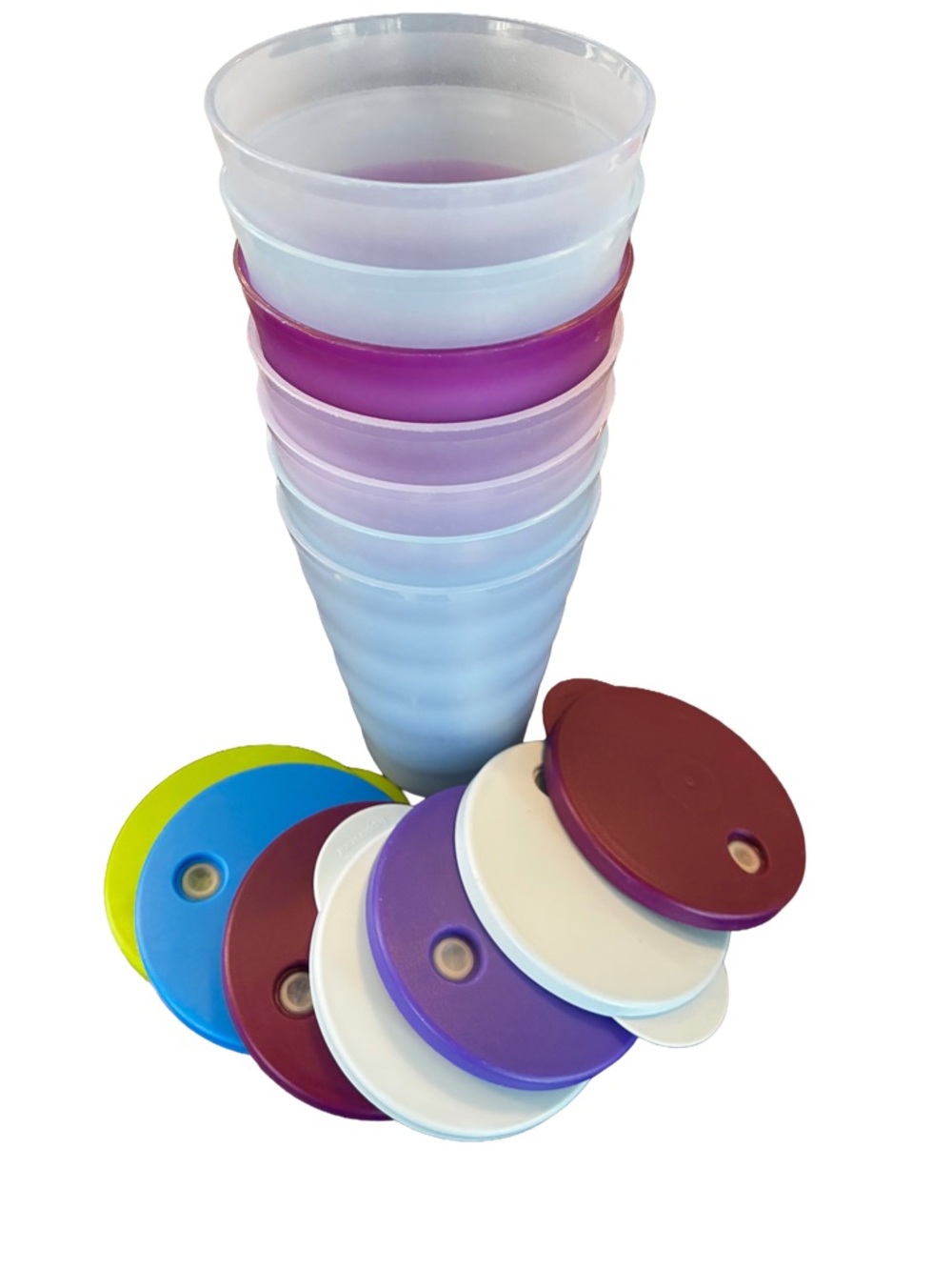 Set of 7 Tupperware Impressions Tumblers 16oz Stackable Cups w/ Straw Lids